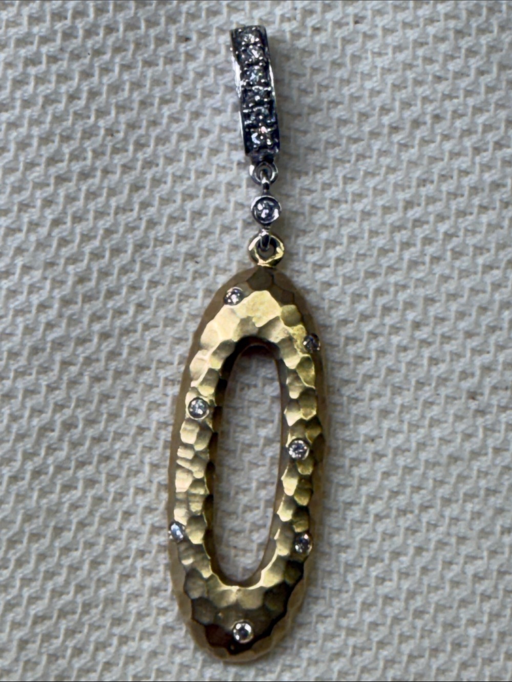 Hammered 14l yellow & white Gold Oval Pendant Necklace with diamonds.15 tw